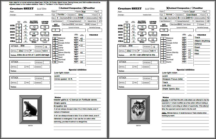 D&D  – Animal Companion / Familiar Character Sheets | Dungeon Master  Assistance